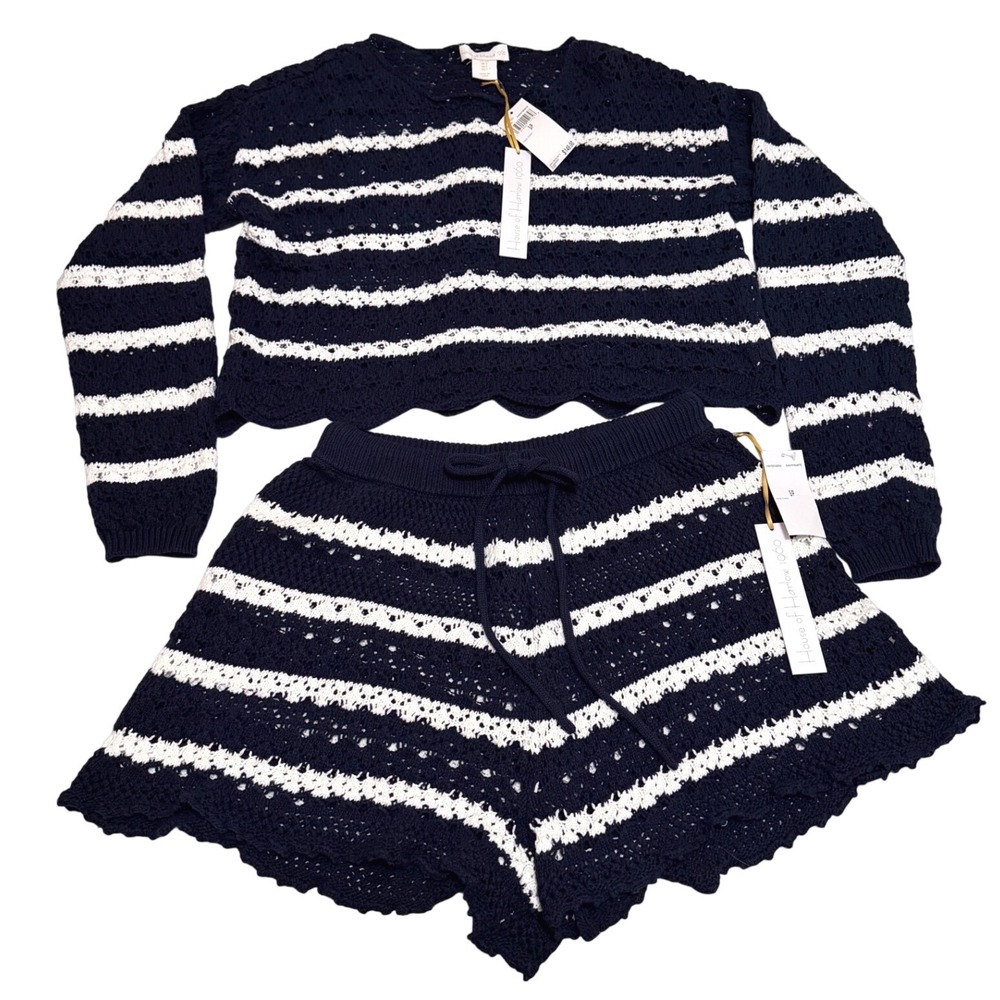 House of Harlow 1960 Navy White Striped Crochet Sweater and Shorts Set NWT S